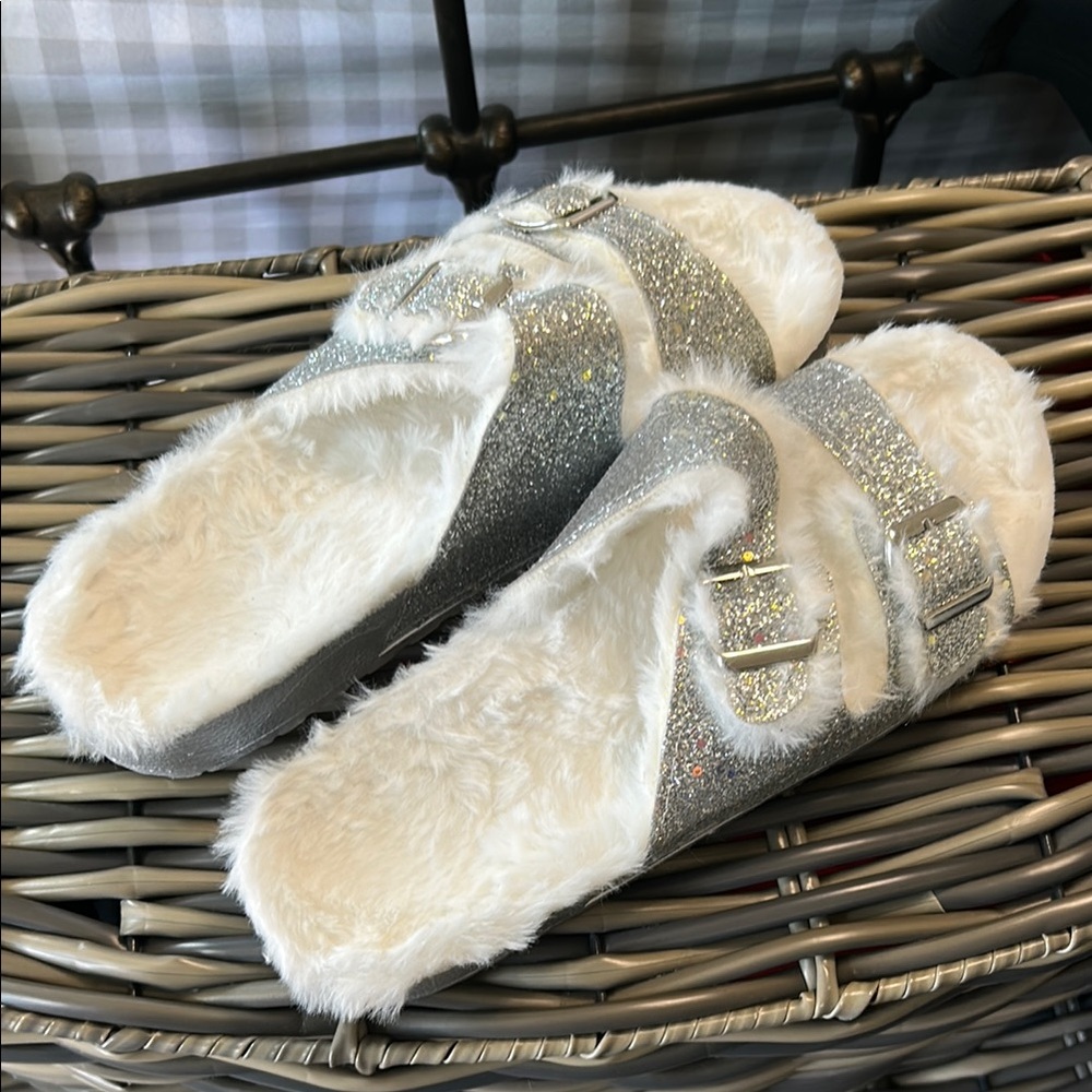 Silver and White Plush Slide Slippers
